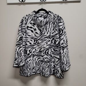 Joseph Ribkoff Zebra Print Eyelash Knit Swing Jacket Black White Funnel Neck L